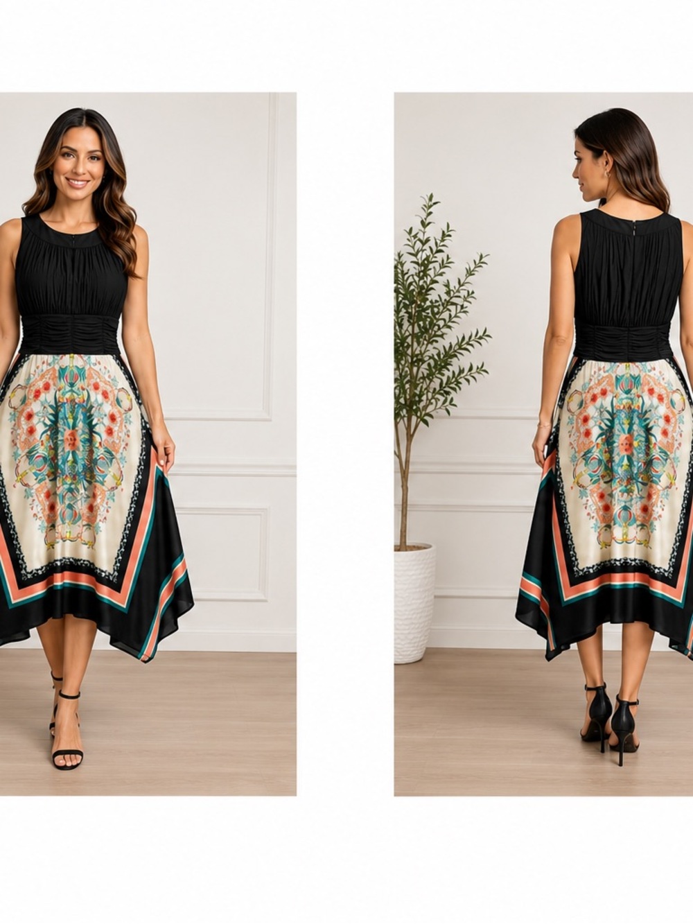 Ronni Nicole Black Multicolor Scarf-Print Handkerchief Hem Dress